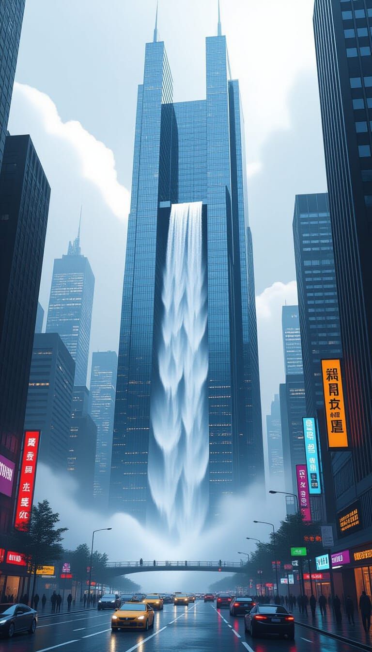 Waterfall Cascading Down Skyscraper in Futuristic City