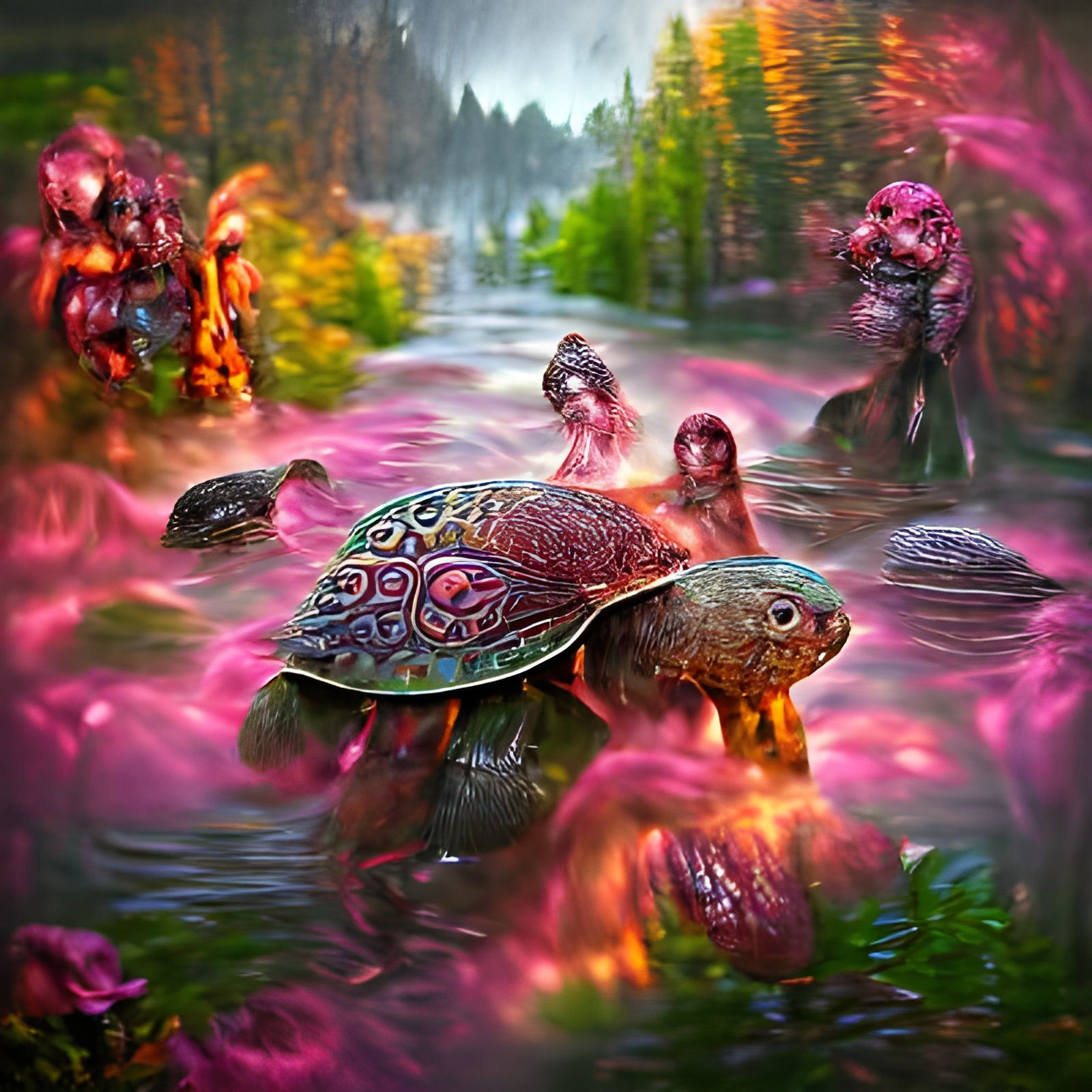 Psychedelic Biopunk Turtles in Glowing Pink Forest