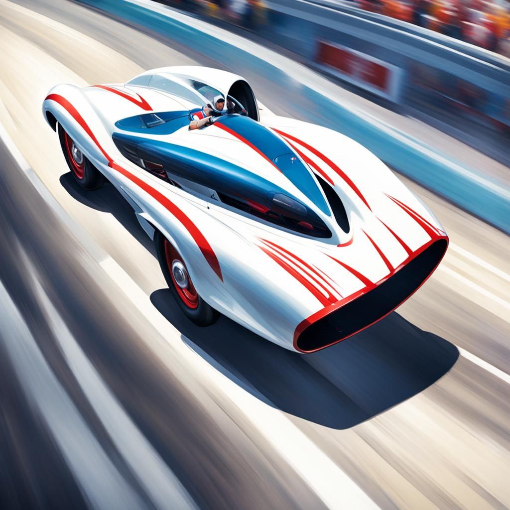 Speed Racer driving the Mach 5 furiously around the track.