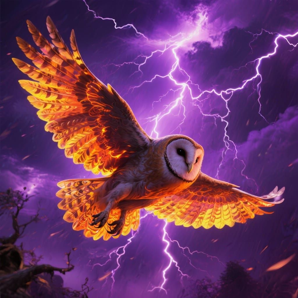 Fiery Barn Owl Soaring Through Stormy Skies