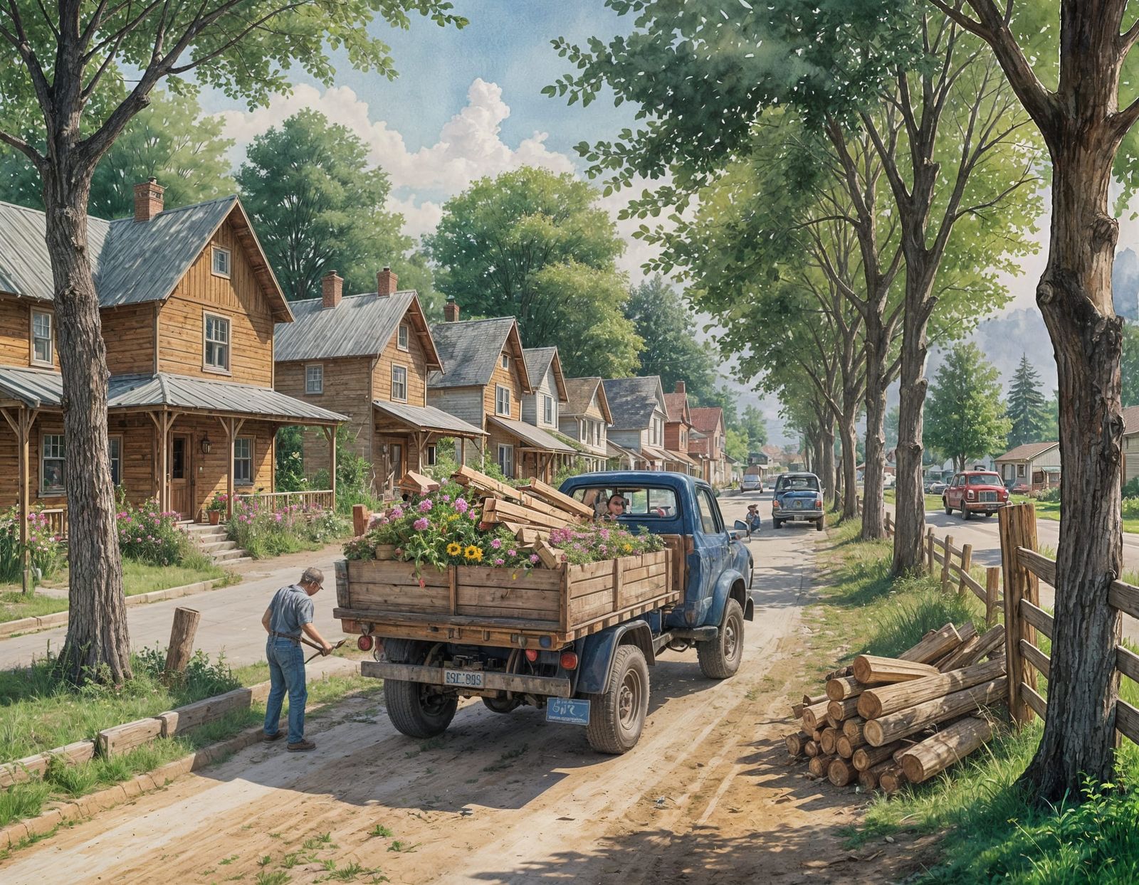 Truck in Small Town: Watercolor Painting
