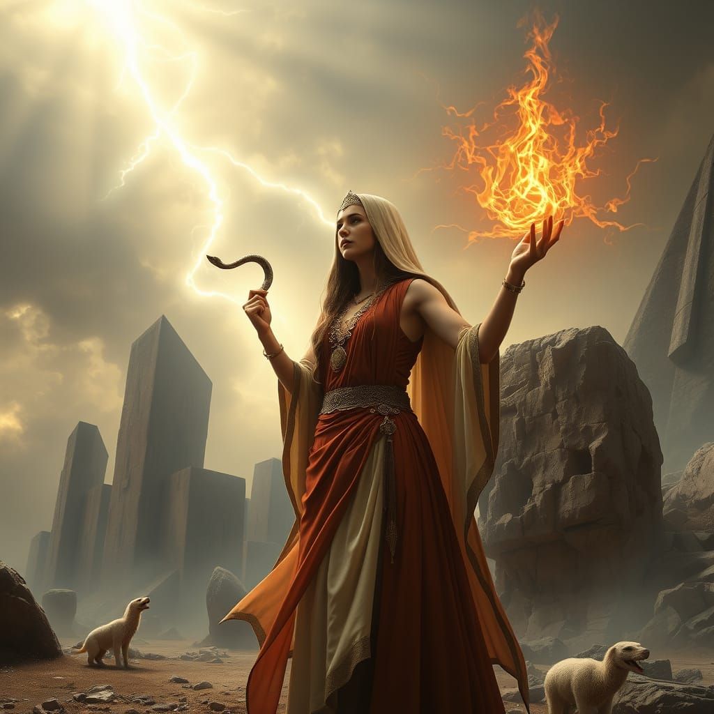 Mystical High Priestess Beside Ancient Monuments