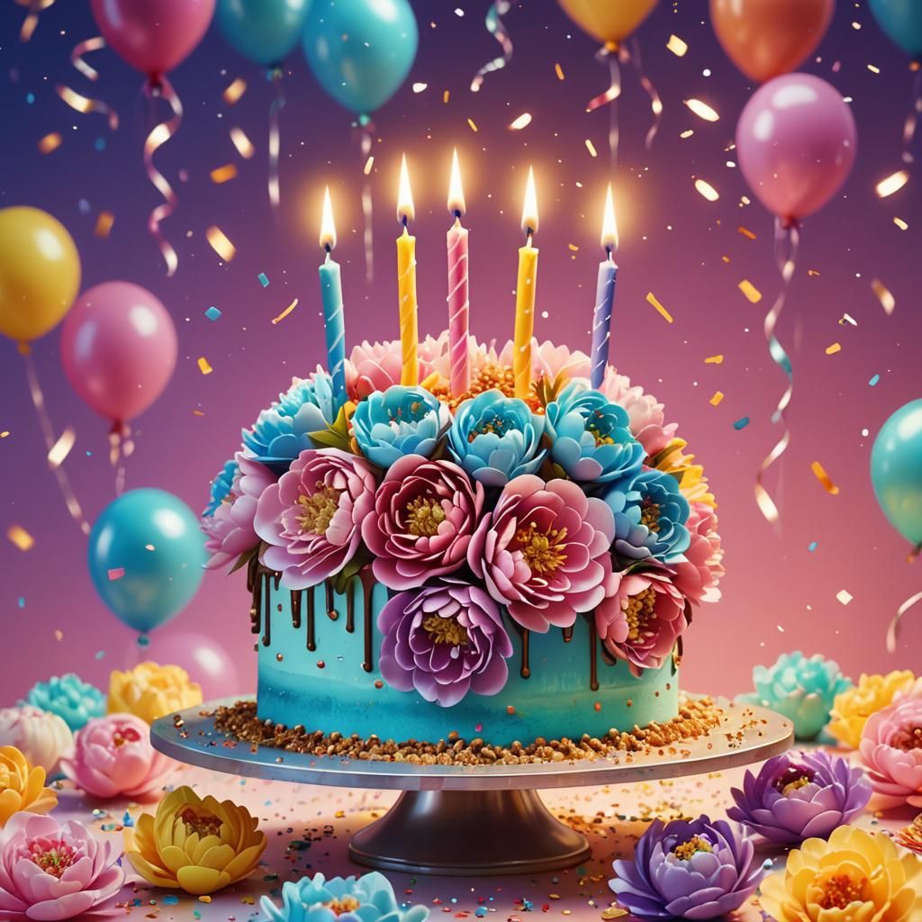 Sparkling Birthday Cake with Peonies, Pixar-Inspired Art