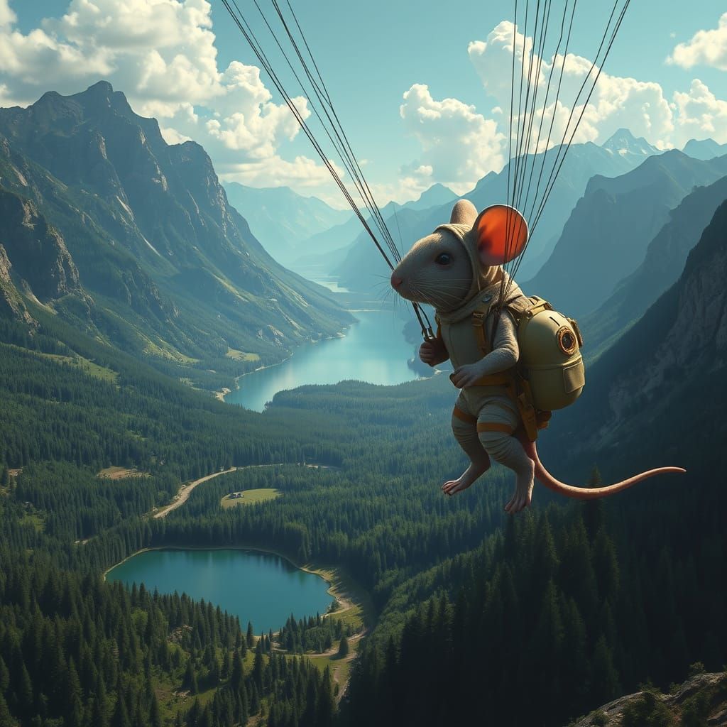 Hyperrealistic Mouse Para-Penting Over Lush Green Valley