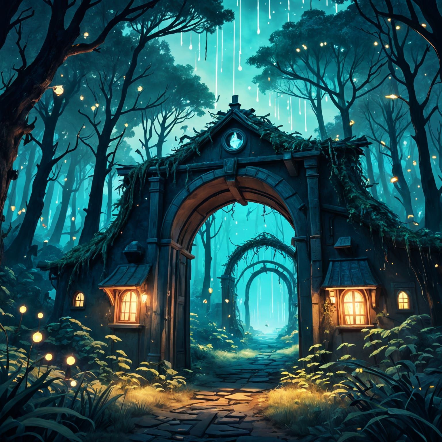 Fantasy Village with Bioluminescent Portal Archway