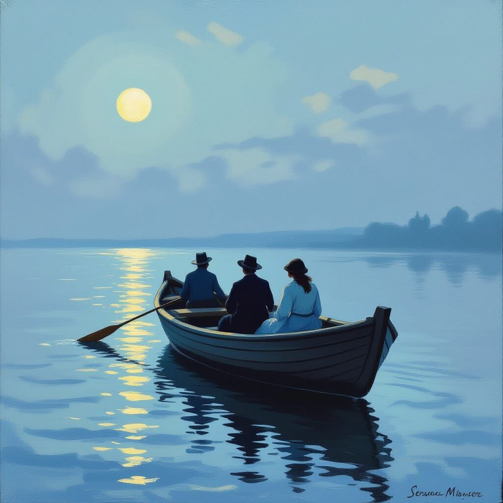 Moonlit Boat Ride: Impressionist Serenity on the Water
