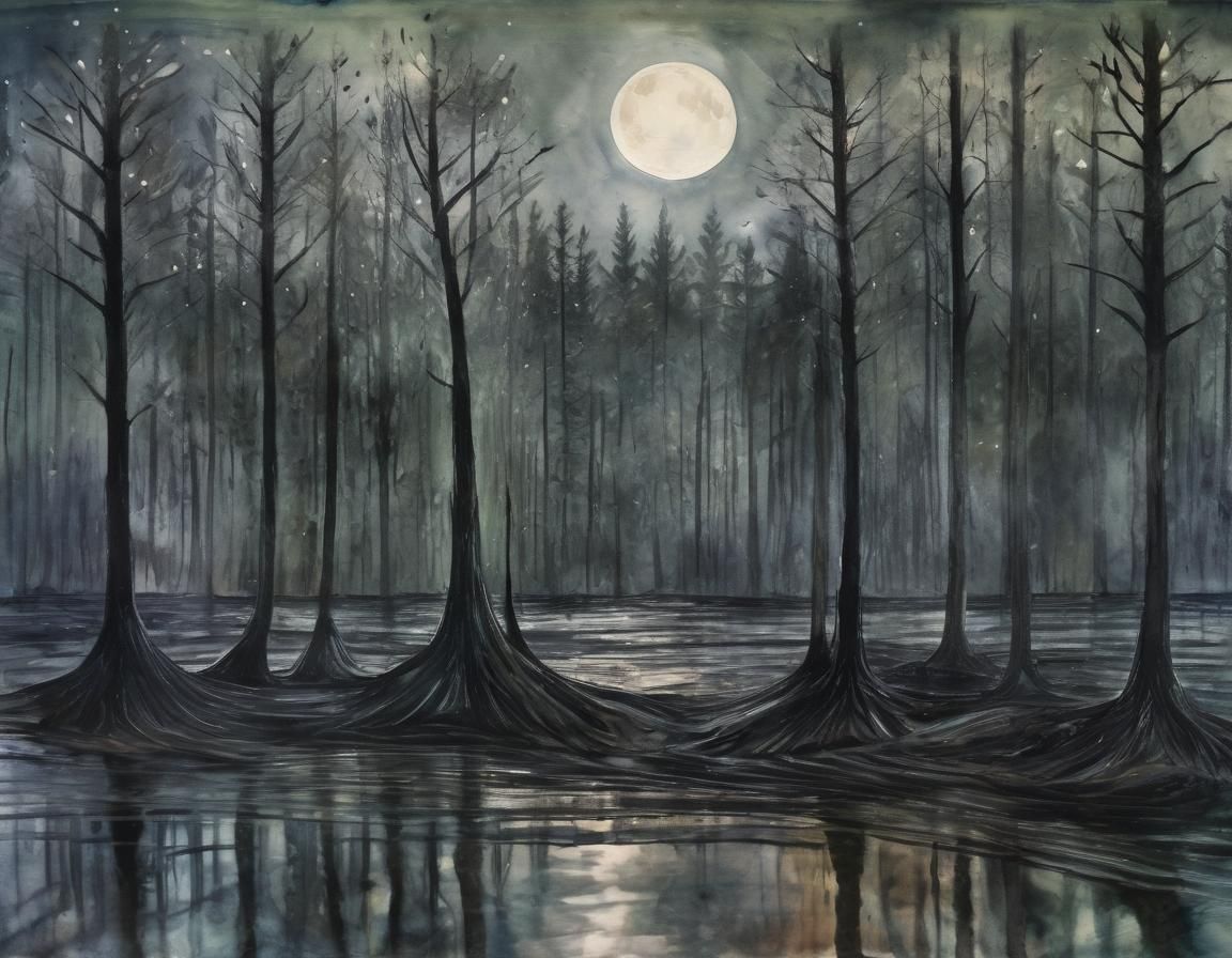 Tormented Wraith in Flooded Forest, Expressionist Art