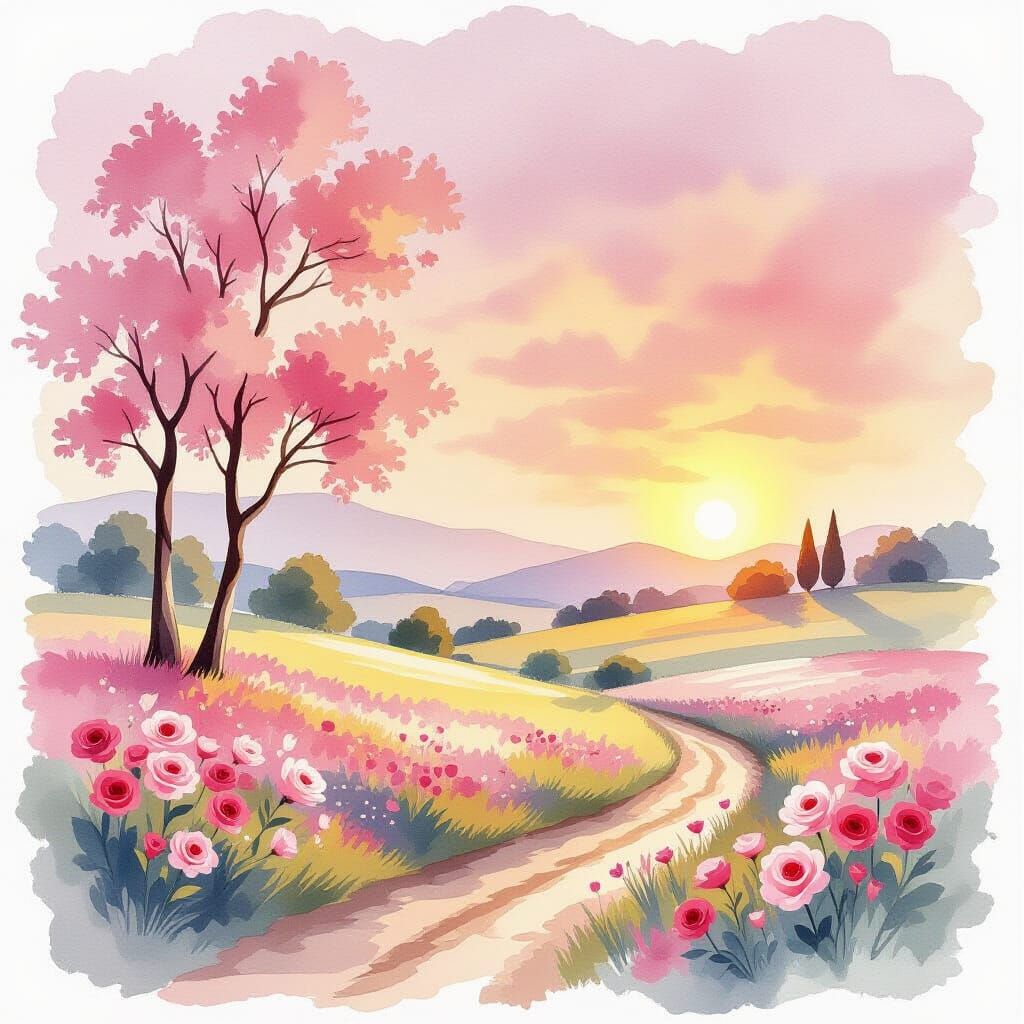 Pink Landscape in Watercolor Style