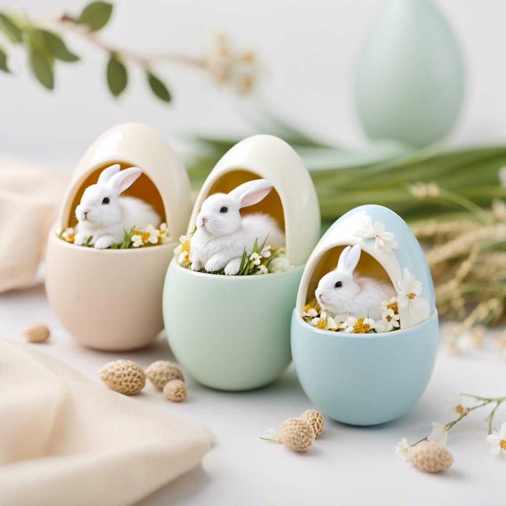 Sleeping Baby Bunnies in Porcelain Egg Capsules