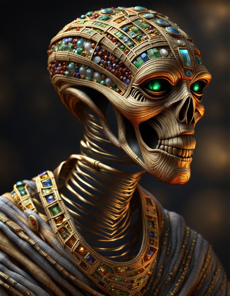 An alien mummy dessicated and wrapped in stained linen bandages. Heavily decorated with gold and precious gems. Photorea...