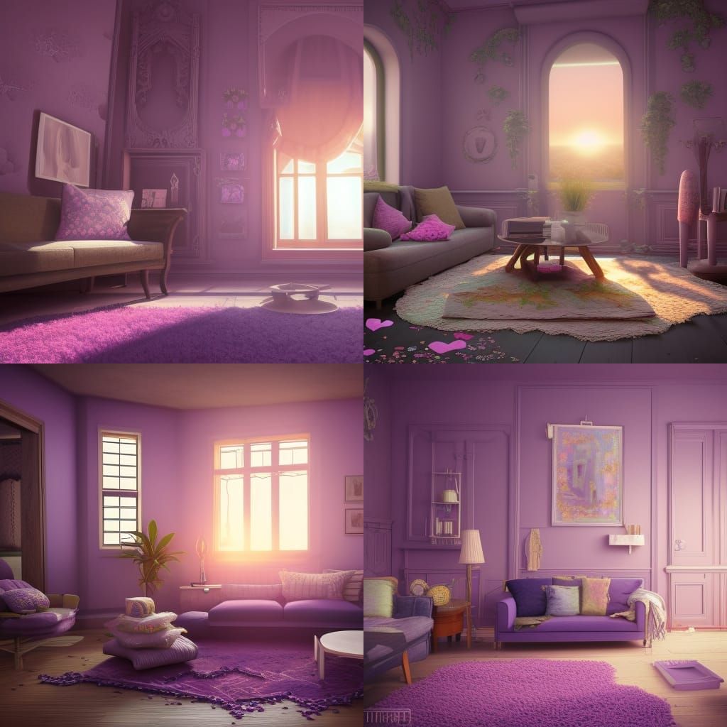 Sunrise in Cute Living Room with Purple Rug