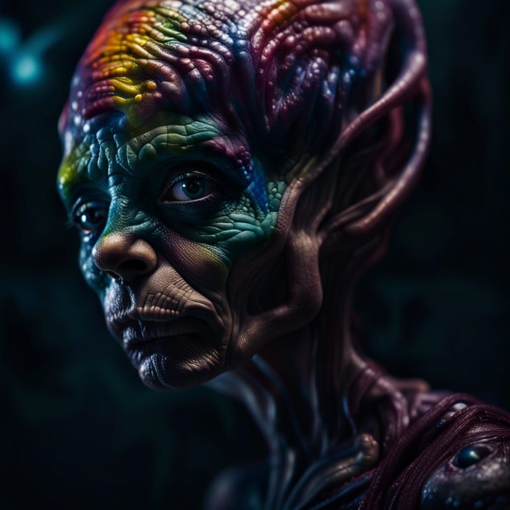 Hyperrealistic fullbody blown glass alien hyperdetailed hyperfocus photorealism 8k high resolution vibrant cinematic dra...