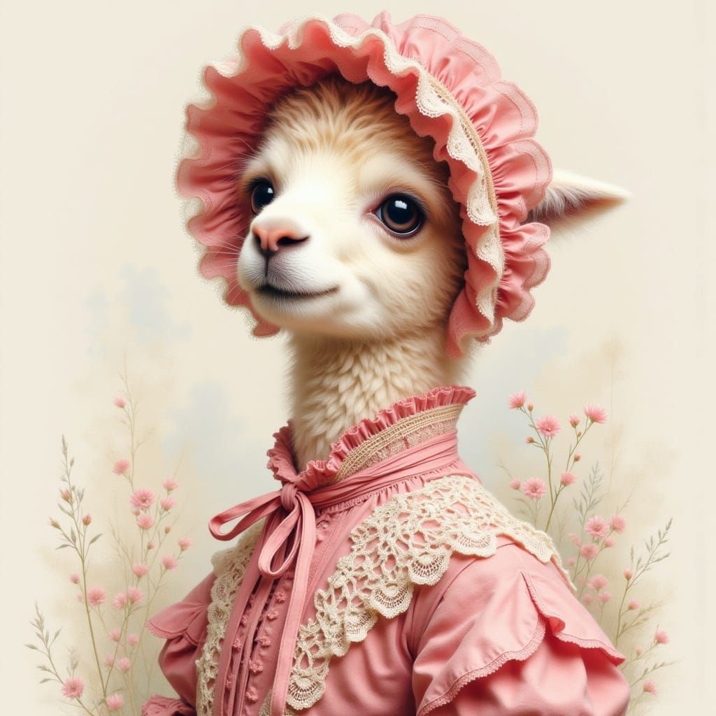 Llama in Victorian Dress, Watercolor Style