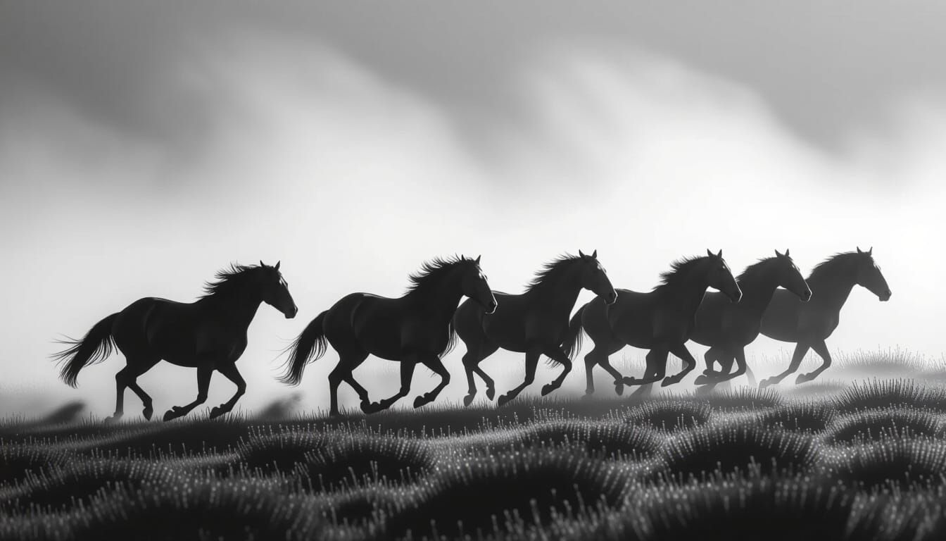 A herd of horses in motion, running through a field shrouded...