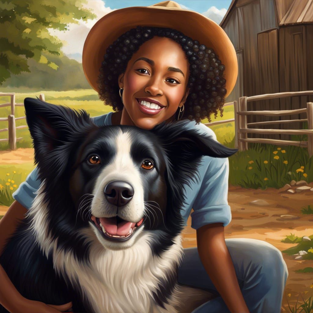 Joyful African-American Girl and Dog in Hyperreal Farm Art