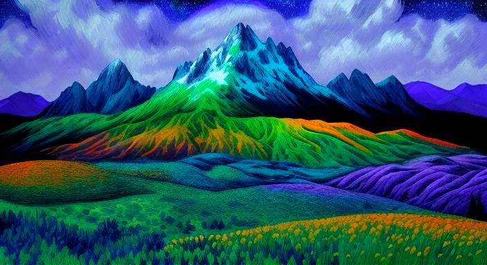 Psychedelic Pointillist Mountains in Surreal Wilderness
