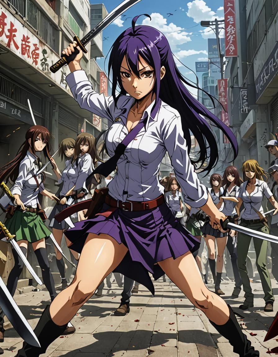 Saeko Busujima from highschool of dead with his katana defeating zombies