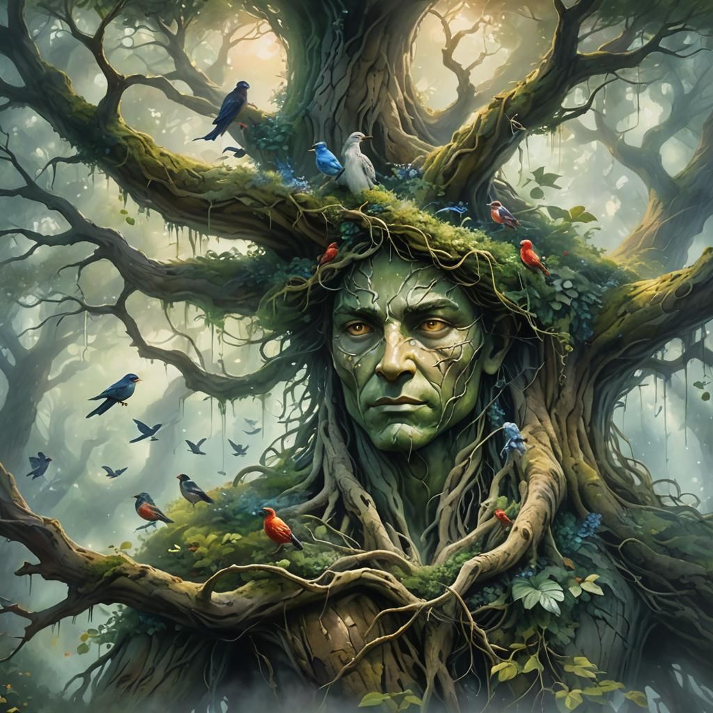 Humanoid Tree Being in a Lush Fantasy Landscape