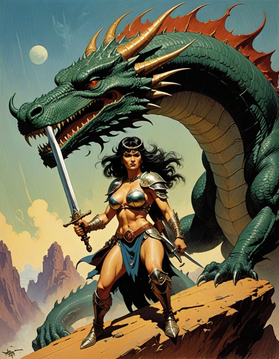 Epic Warrior Woman with Dragon in Cyberpunk Style