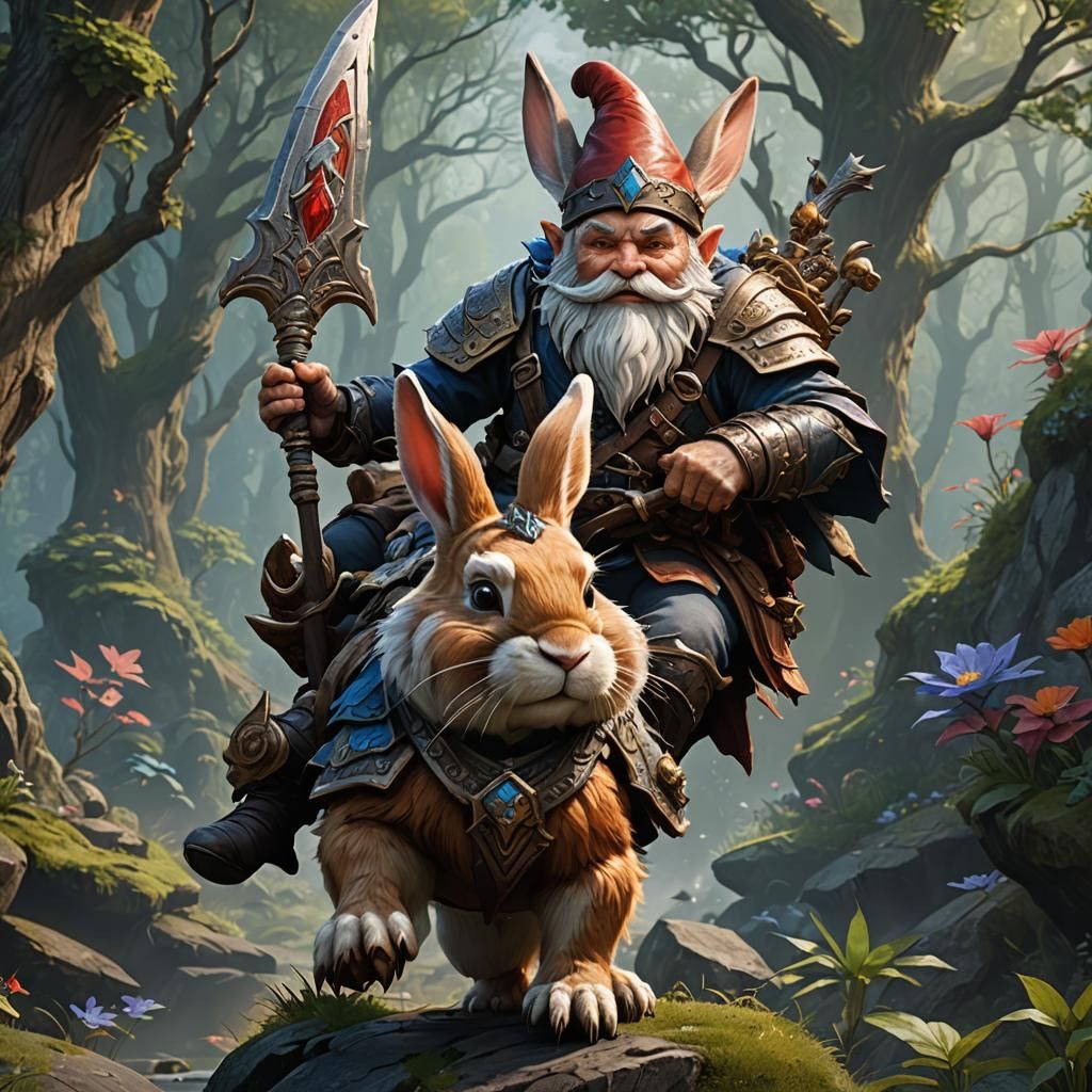 Gnome Warrior on Rabbit: Detailed Matte Painting