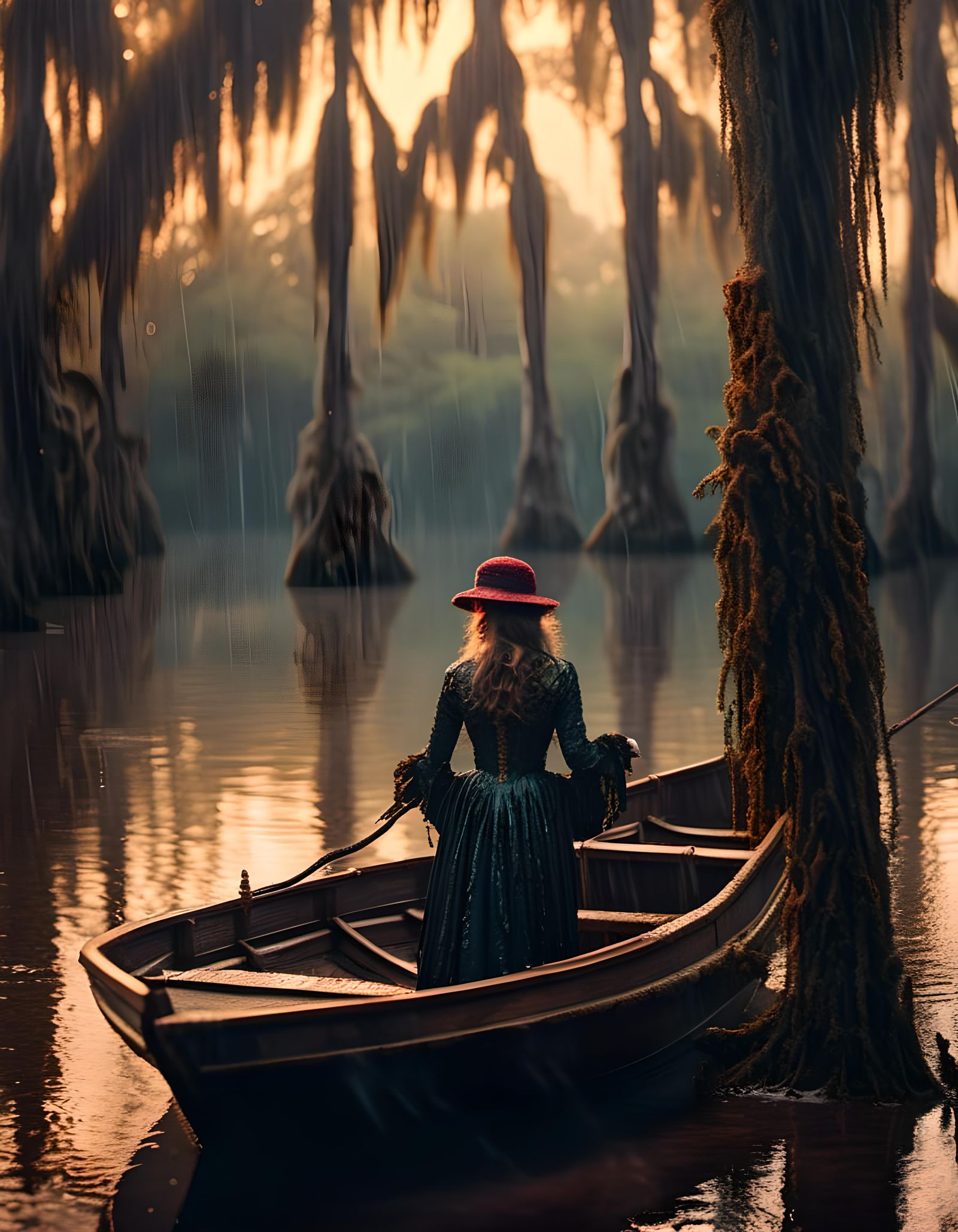 Cypress Swamp: Woman in Boat at Sunset