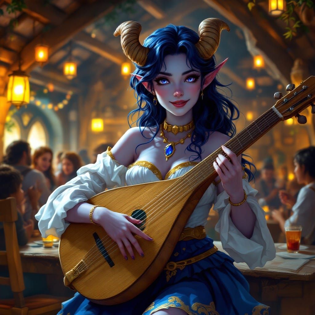 Medieval Bard with Fae Features in a Vibrant Tavern