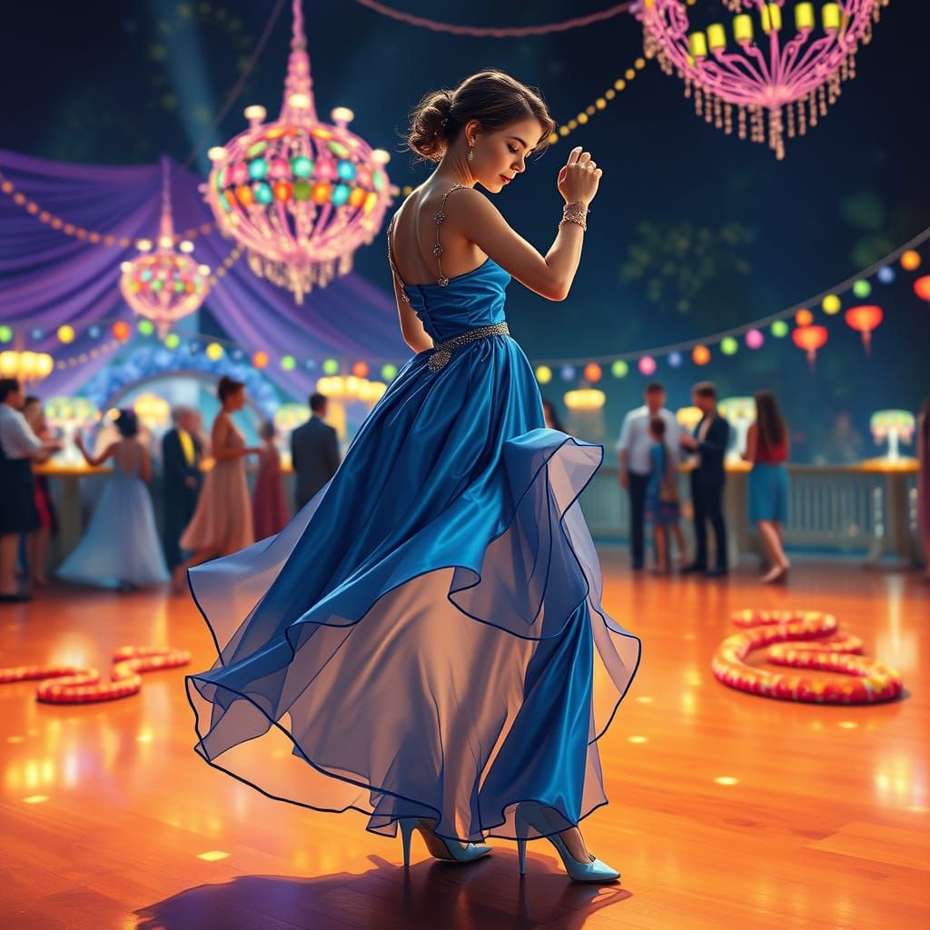 Elegant Teen in Shimmering Blue Gown at Colorful Fiesta