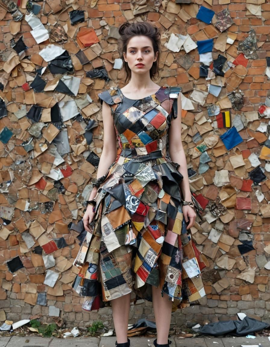 Eccentric Woman in Whimsical Asymmetric Trash Dress