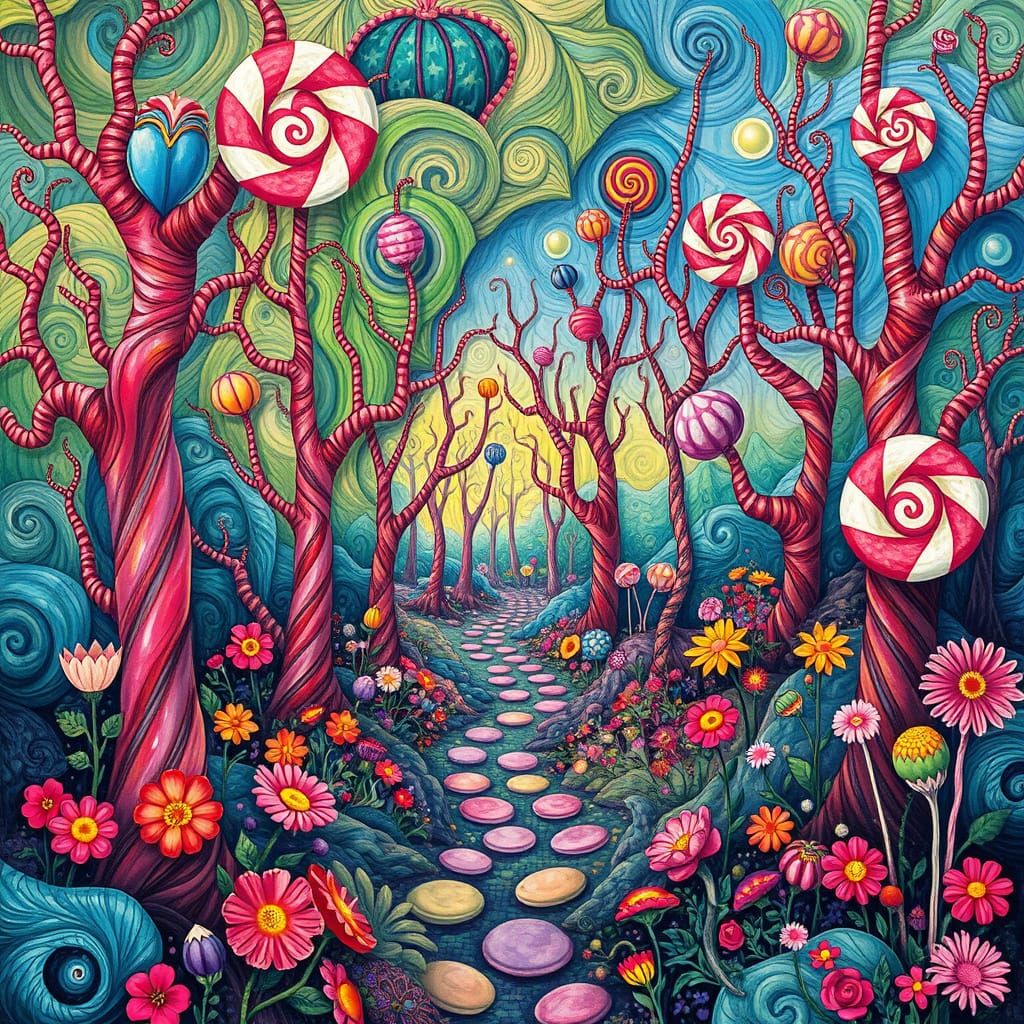 Whimsical Forest in Vibrant Gouache Swirls