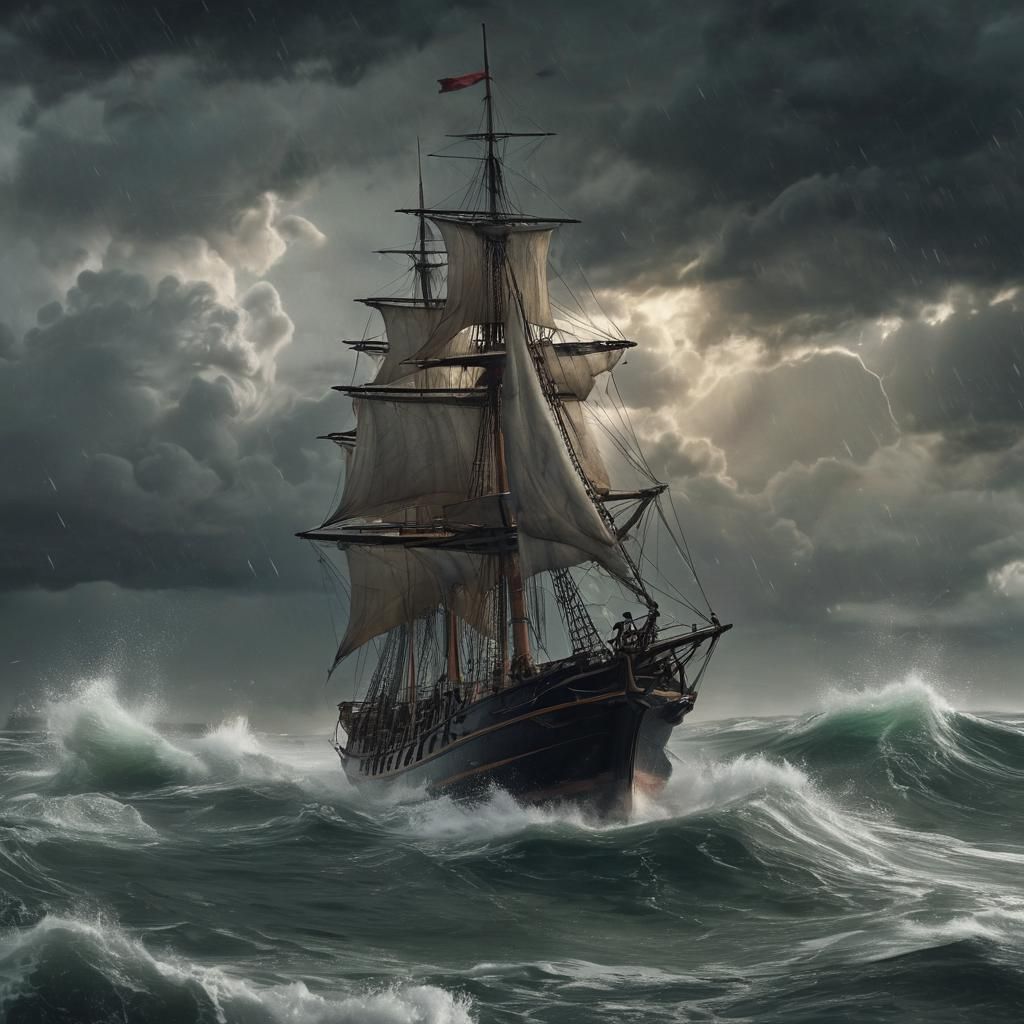 The most impressive sailboat traversing the wavy ocean durin...