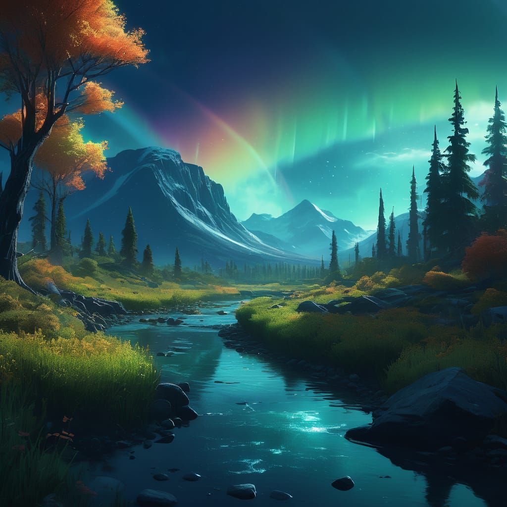 Moonlit Landscape with Rainbow Aurora Borealis
