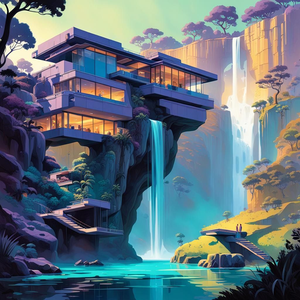 Cliffside House with Waterfall: Fantasy Concept Art