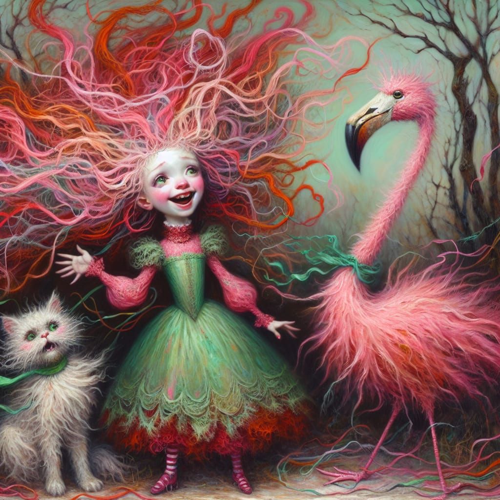 Girl Dances with Cat and Flamingo: Impasto Oil Painting