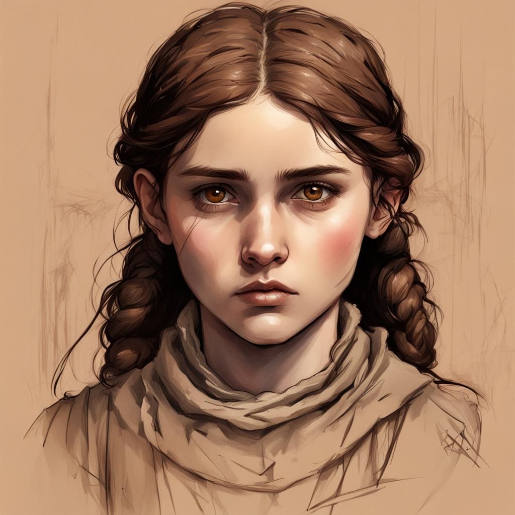 Distressed Scandinavian Girl: 19th Century Hand-Drawn Sketch