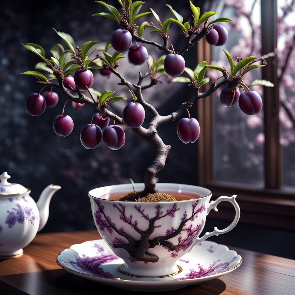 Surreal Plum Tree in Tea Cup, Photorealistic 8K