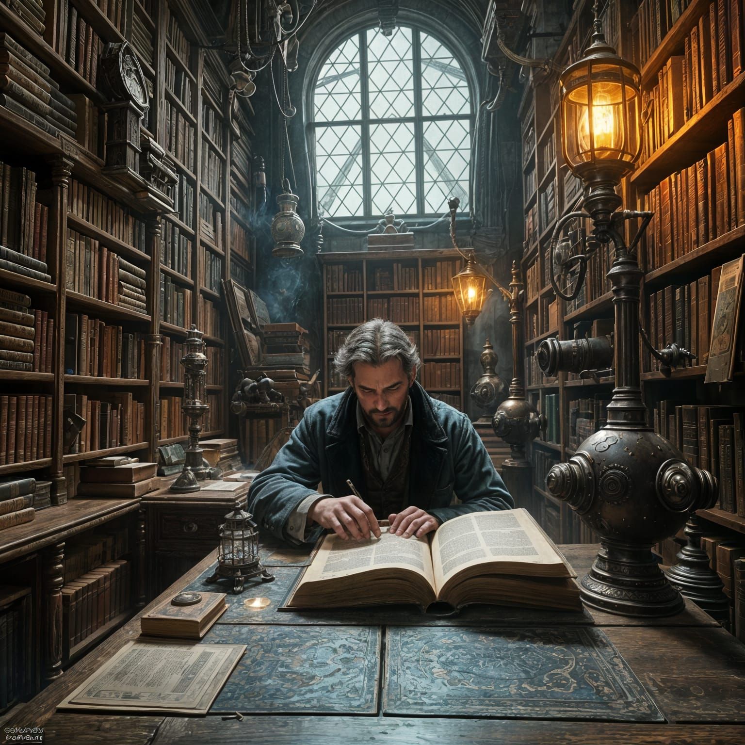 Steampunk Library with Scholar in Matte Painting Style