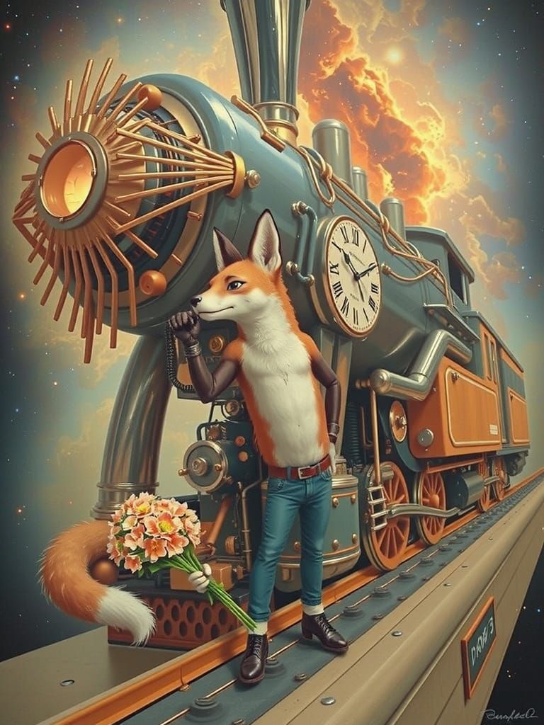 Sentient Chrome Locomotive Offers Stardust Flowers to Fox