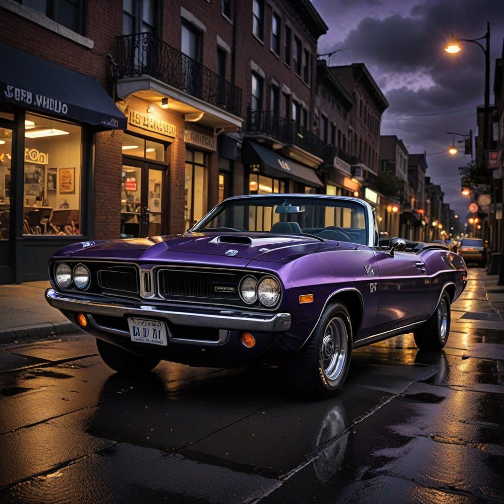 purple 1971 Plymouth Hemi Barracuda, convertible