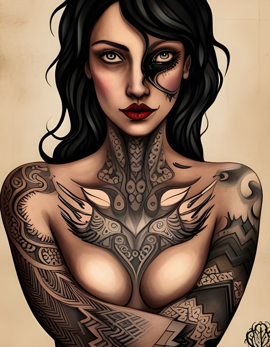 Tattooed Woman Portrait in Art Nouveau Style