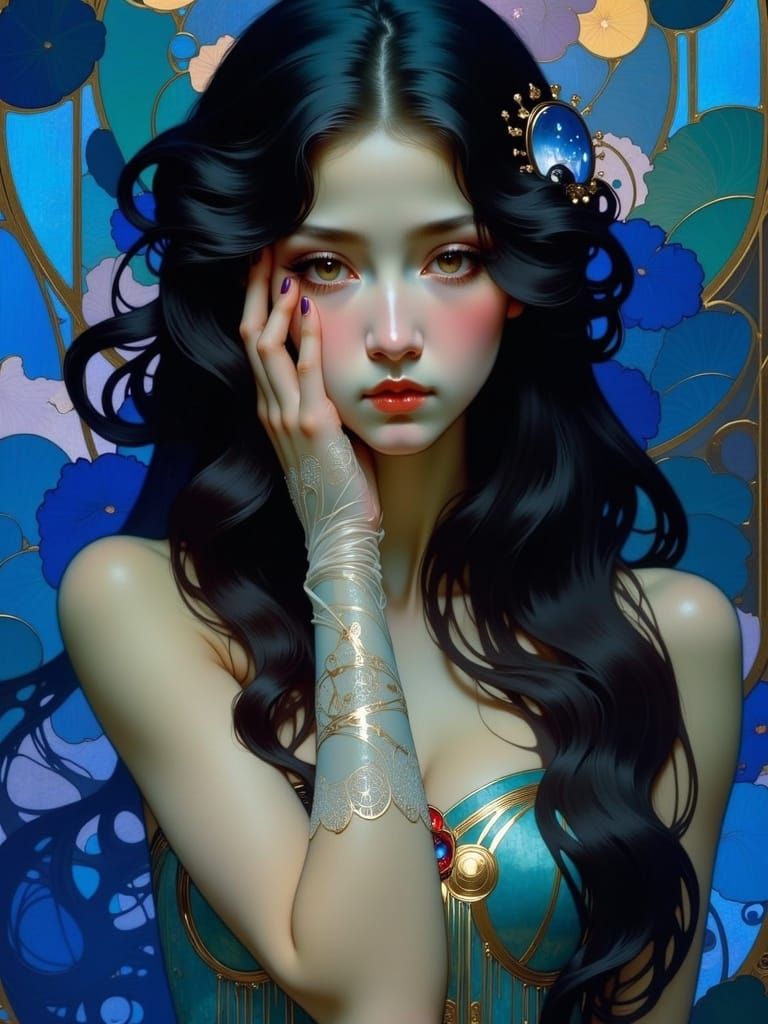 Ethereal Woman Absorbing Secrets in Art Nouveau Style