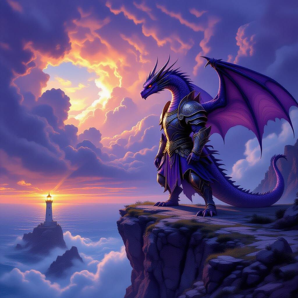 Ancient Purple Dragon on Cliff Overlooking Stormy Sea