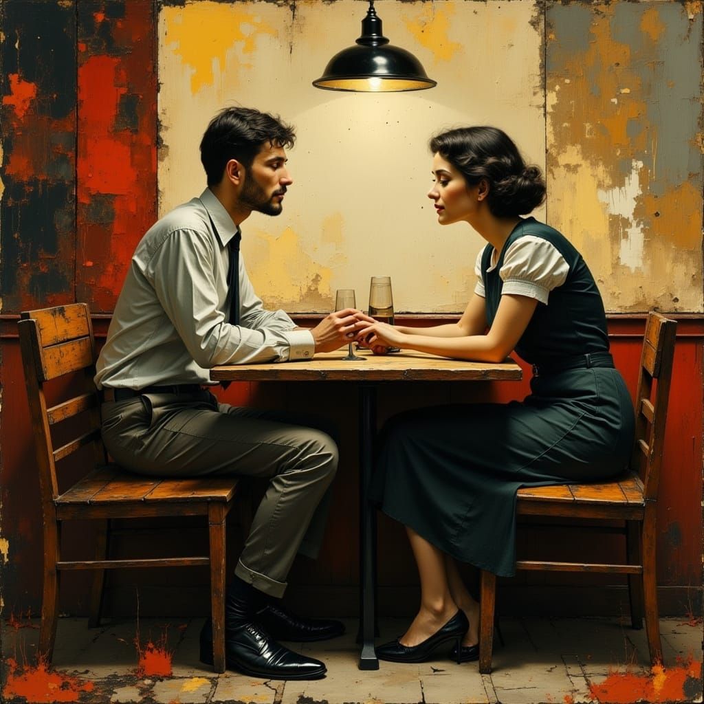 Couple's Tender Moment in Mid-Century Restaurant