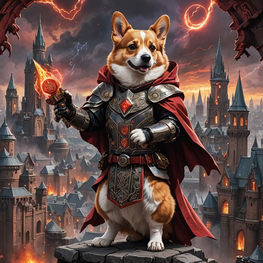 Corgi in Cyberpunk Armor on Castle Wall