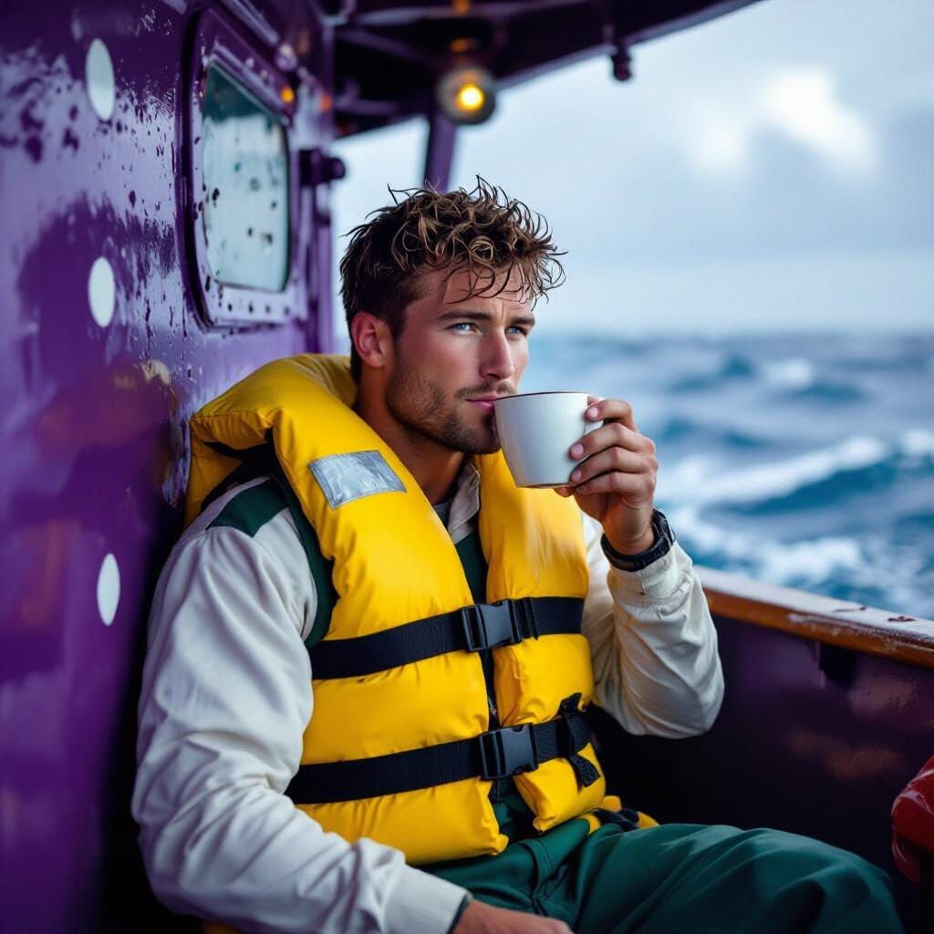 Sailor Drinks Coffee on Ship in Storm, Photo-Realistic