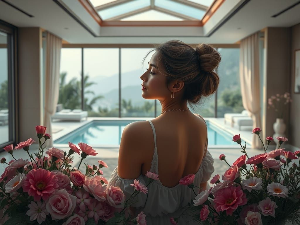 Serene Woman in Modern Bedroom with Pool View