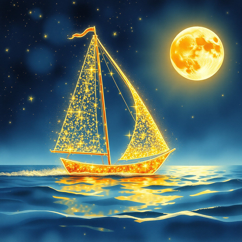 Golden Star Sailboat on Moonlit Sea: Watercolor Style