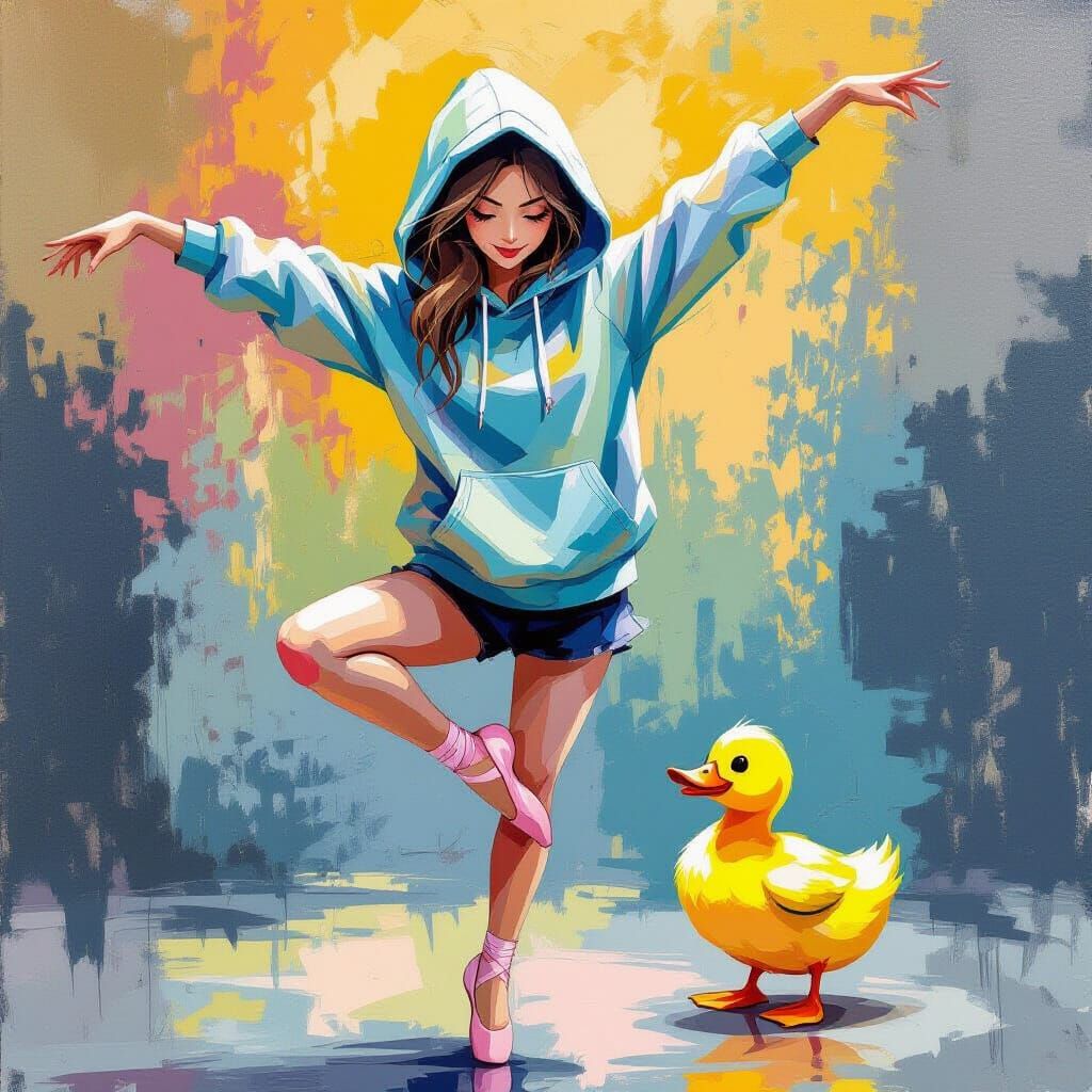 Anime-Style Woman and Duck Ballet Dance