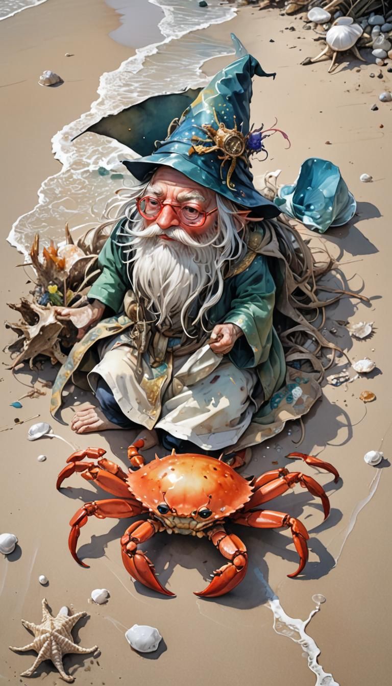 Wizard Crab on the Beach: Watercolor Manga Illustration