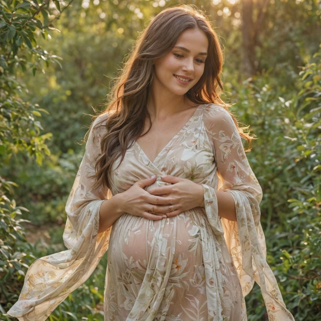 Pregnant Woman in Garden, Vibrant Oil Painting