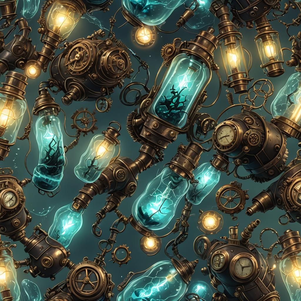 Bioluminescent Ocean and Lightning Storm in Steampunk Bottle